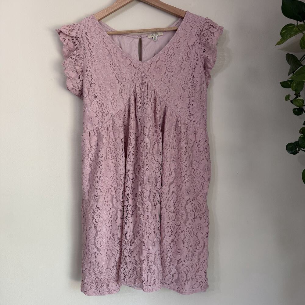 Kori America Pink Lace Dress Boho Cottagecore Babydoll Mini Flutter Sleeve